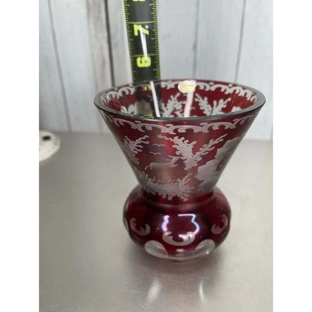 Antique Bohemian glass Vase Ruby red Etched glass Deer Castle Vintage
